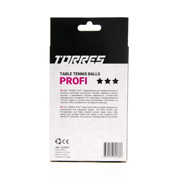 Мяч для наст. тенниса TORRES Profi 3*, TT23012, диам. 40+мм, упак. 6 шт, белый за 338.30 ₽ в Архангельске